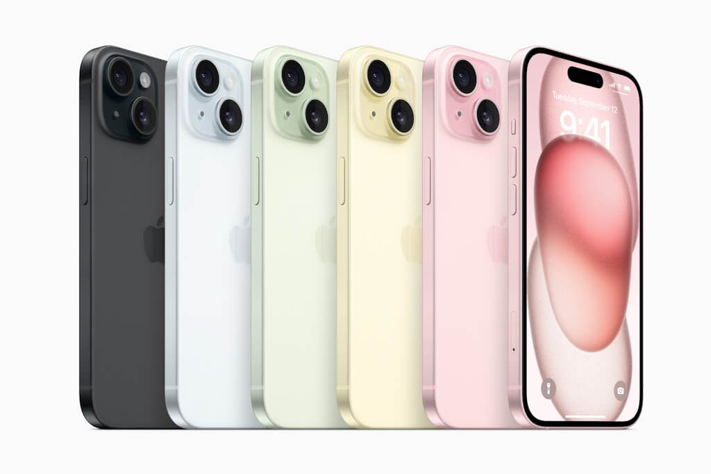 iPhone 15とiPhone 15 Plusのラインナップは、ピンク、イエロー、グリーン、ブルー、ブラックの5色